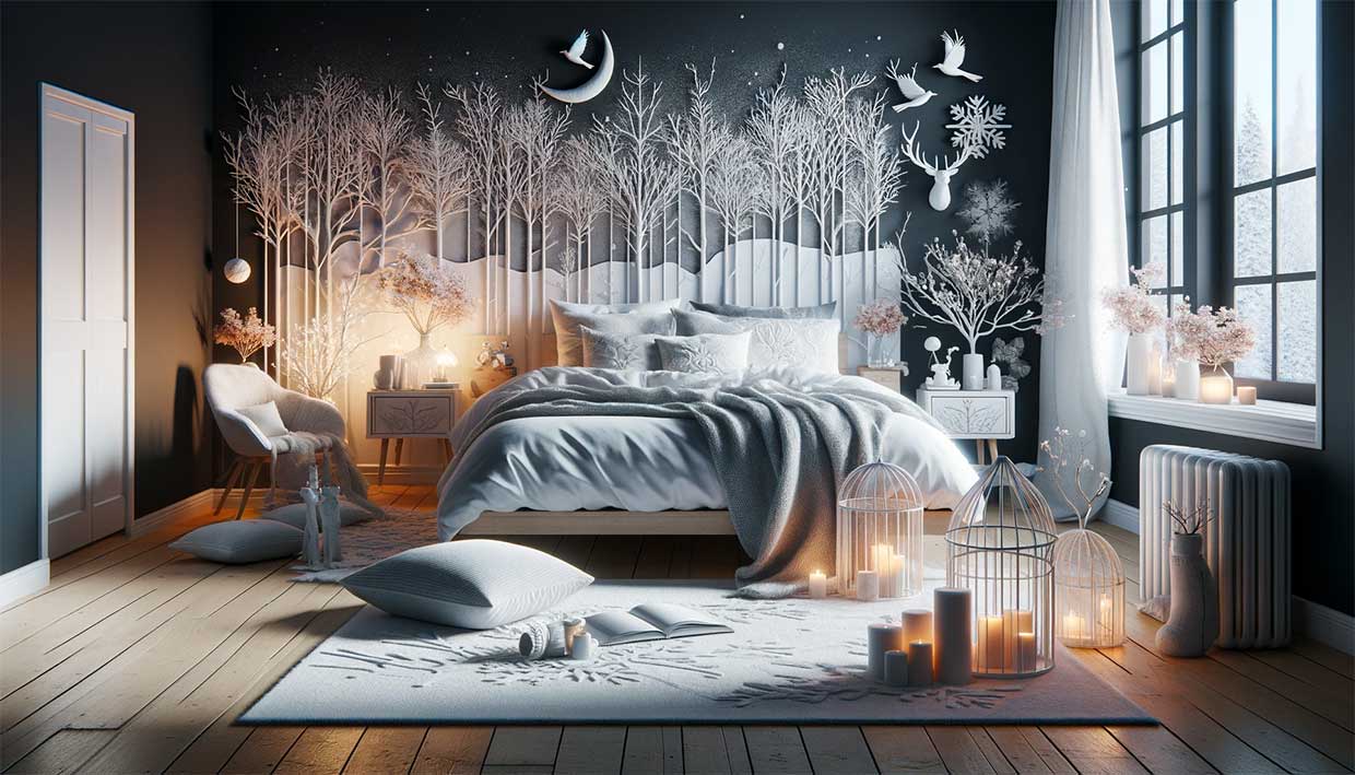 chambre à coucher avec une ambiance hivernale unique et originale