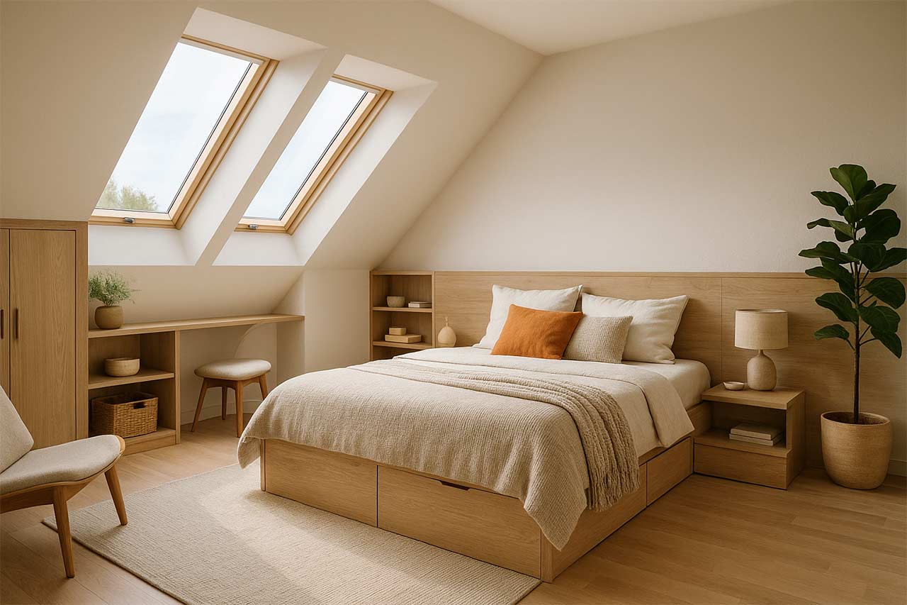 Chambre mansardée lumineuse en bois clair, lit plateforme avec rangements, fenêtres de toit baignées de soleil, ambiance cosy et tons naturels