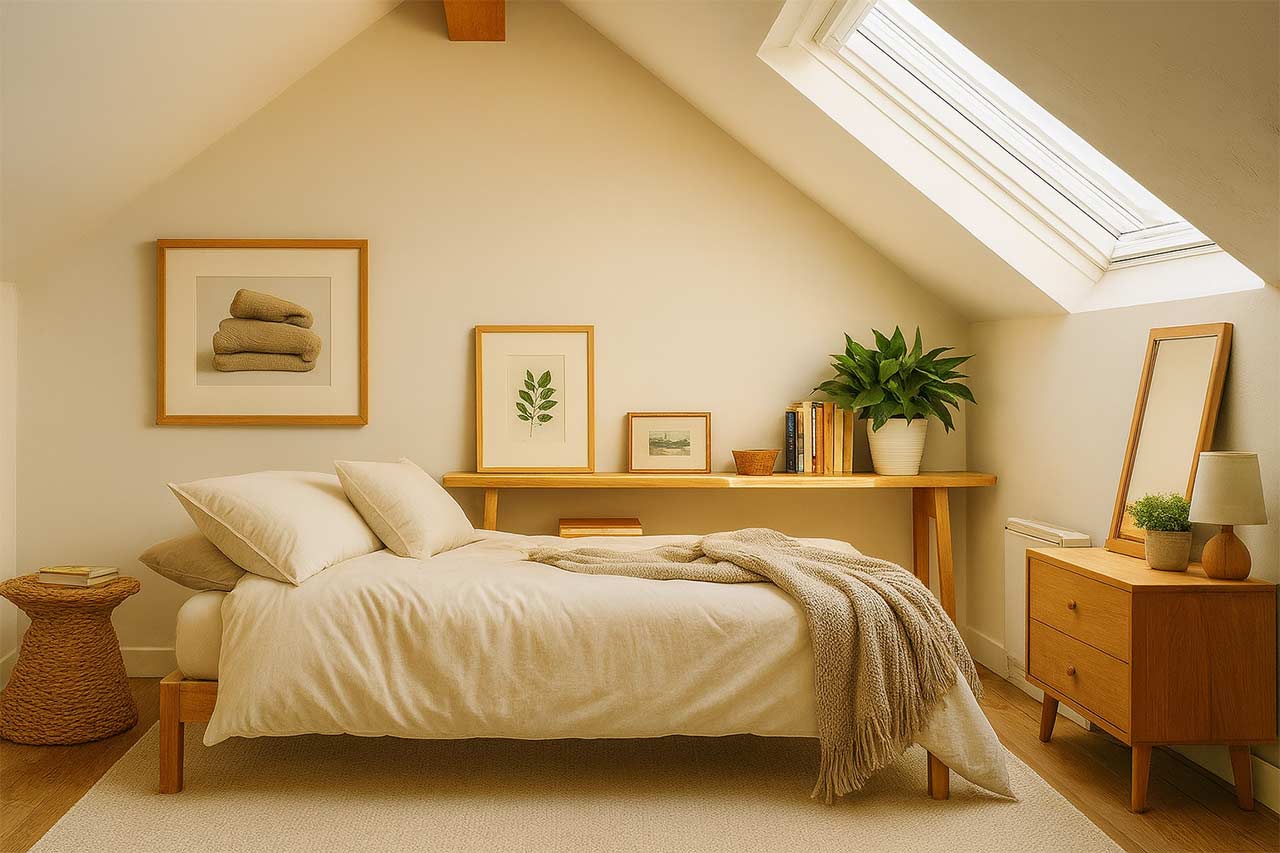Chambre mansardée chaleureuse aménagée sous combles avec un lit en lin beige, un plaid tricoté, un mobilier en bois clair, une grande fenêtre de toit laissant entrer la lumière naturelle, et une décoration minimaliste avec plantes vertes, cadres et livres.