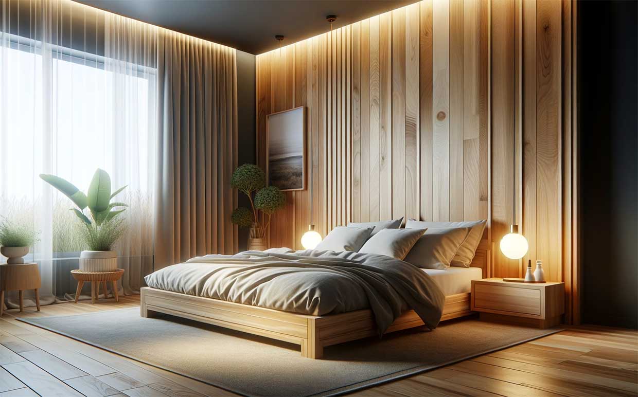 chambre à coucher contemporaine avec des lambris en bois et un revêtement mural naturel