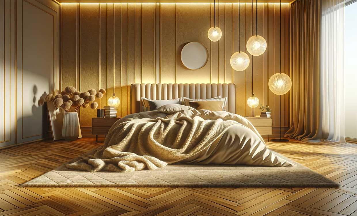 chambre avec un parquet, des tapis épais de chaque côté du lit, et un éclairage doux et jaune