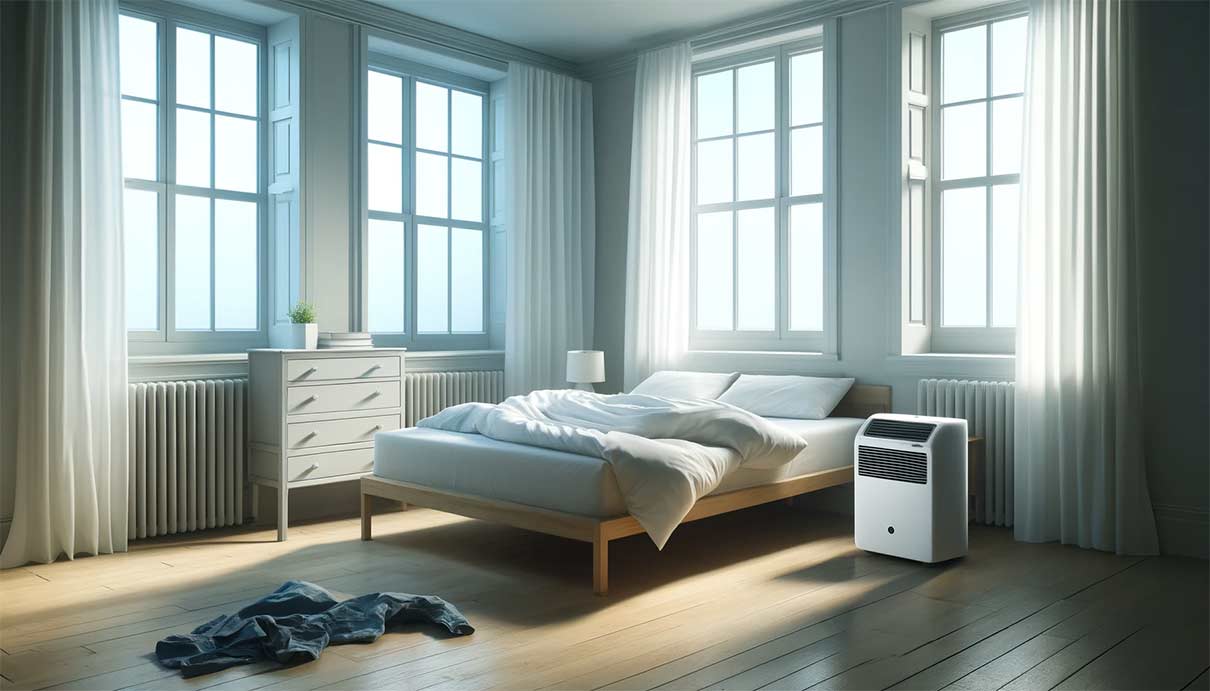 Scène réaliste représentant une chambre à coucher propre et bien aérée. La pièce est dotée de grandes fenêtres ouvertes qui laissent entrer la lumière du soleil, et la literie fraîche est laissée à l'air libre sur un lit proprement fait. Un déshumidificateur est placé dans un coin de la pièce.