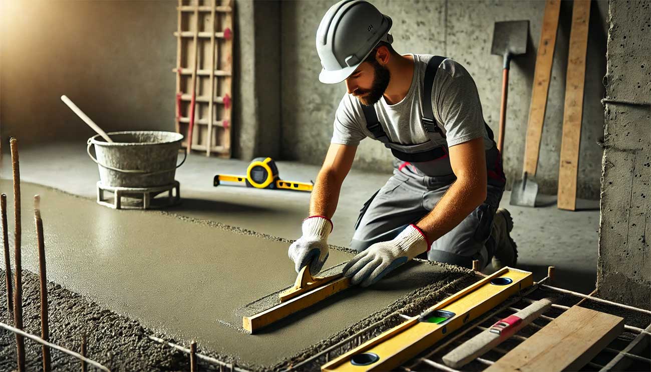 Un ouvrier de la construction nivelle soigneusement le béton frais à l'aide d'une truelle pour une chape. L'ouvrier porte des équipements de sécurité, notamment un casque et des gants, et s'efforce de rendre la surface parfaitement plane. L'arrière-plan montre des outils tels qu'une règle et une niveleuse, ainsi qu'un béton lisse et fraîchement coulé. 