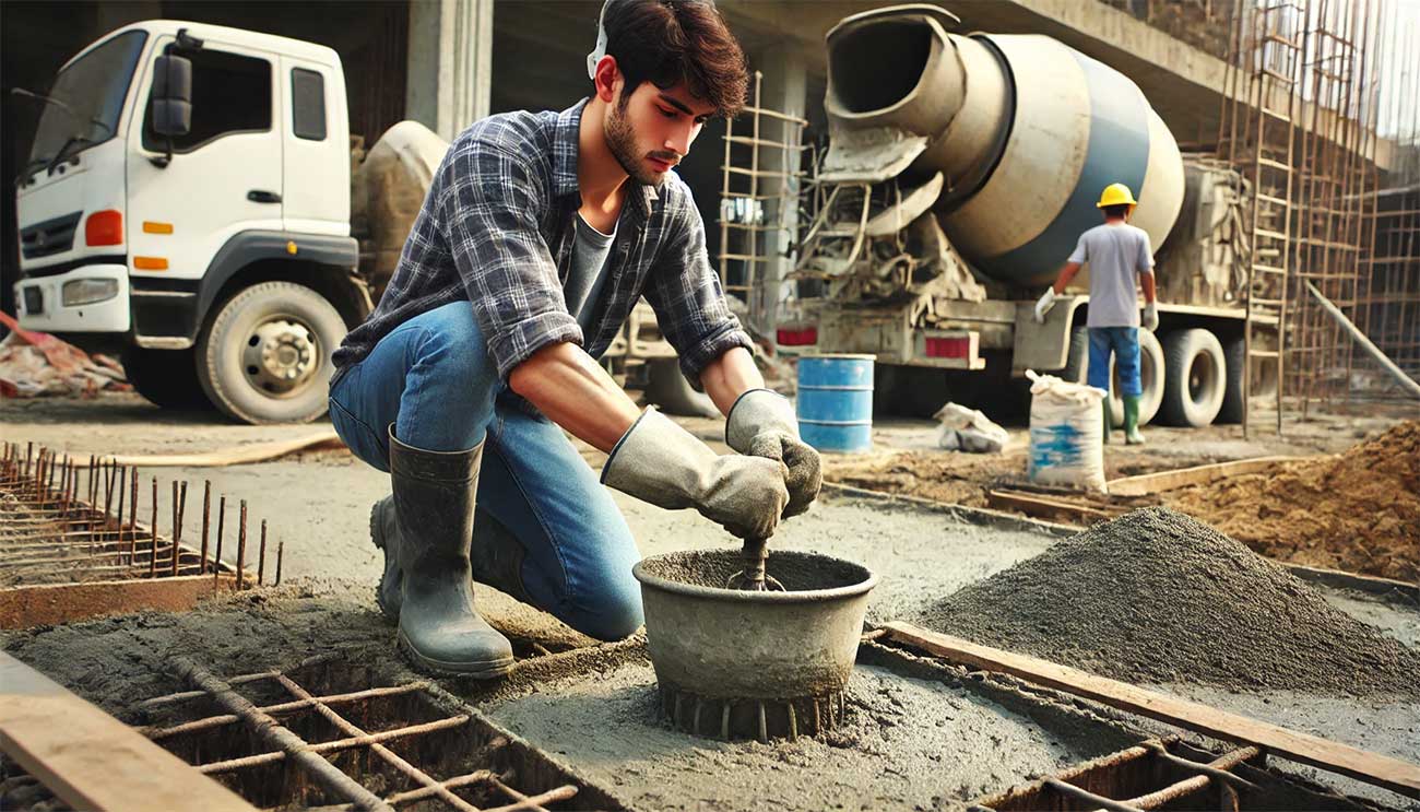 Un ouvrier de la construction en train de mélanger du ciment et du sable pour un beton de chape, à l'aide d'une grande machine à mélanger. L'ouvrier est concentré sur sa tâche et porte des gants de protection et un casque. L'environnement est un chantier de construction animé, avec d'autres travailleurs à l'arrière-plan et des piles de matériaux de construction tels que du gravier et des sacs de ciment.  Traduit avec DeepL.com (version gratuite)