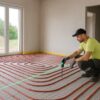 Intérieur de maison en chantier avec plancher chauffant hydraulique visible, tubes rouges fixés sur isolant à plots, chapiste au laser vérifiant le niveau avant coulage, rouleaux de bande périphérique apparents