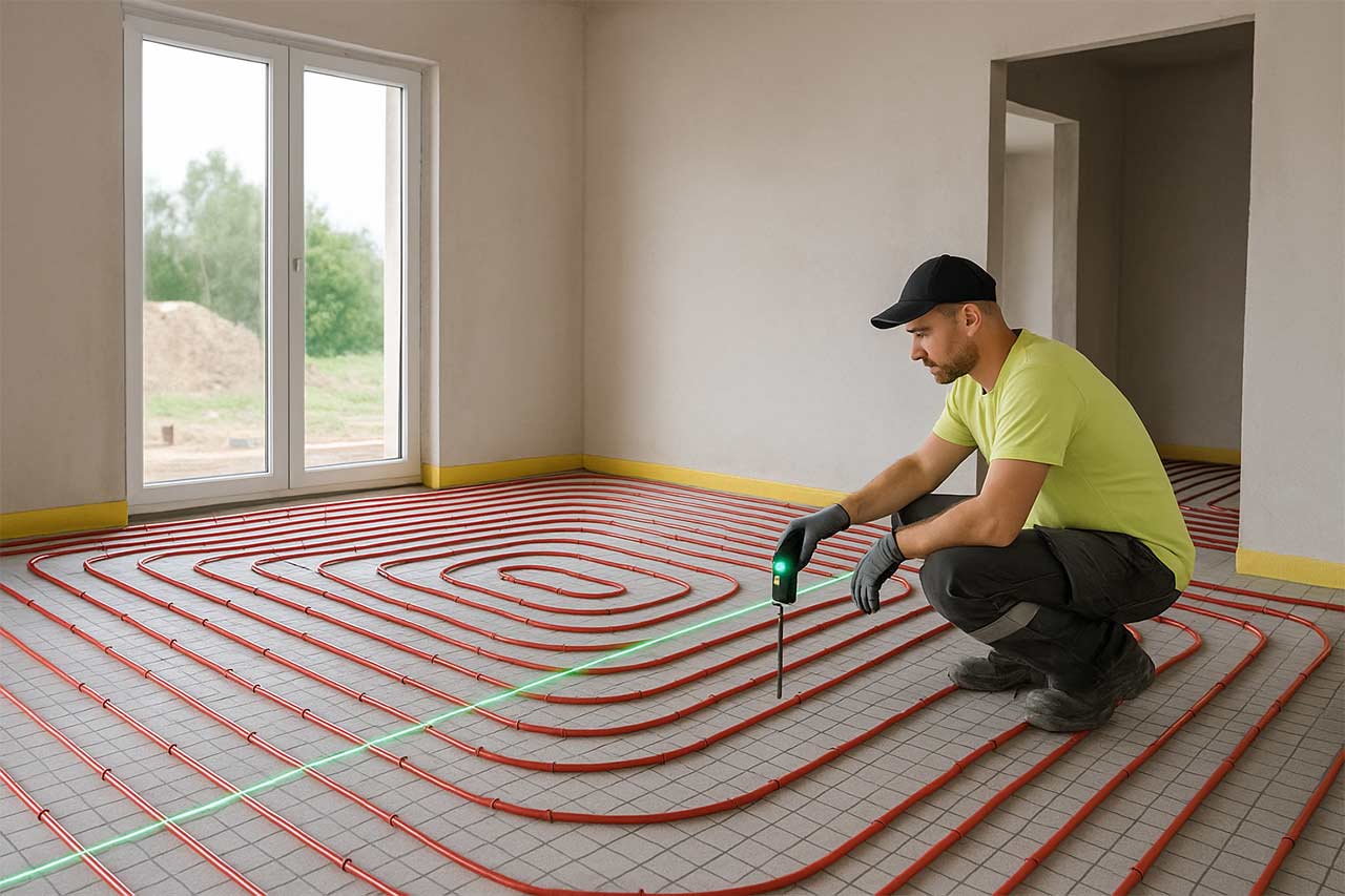 Intérieur de maison en chantier avec plancher chauffant hydraulique visible, tubes rouges fixés sur isolant à plots, chapiste au laser vérifiant le niveau avant coulage, rouleaux de bande périphérique apparents