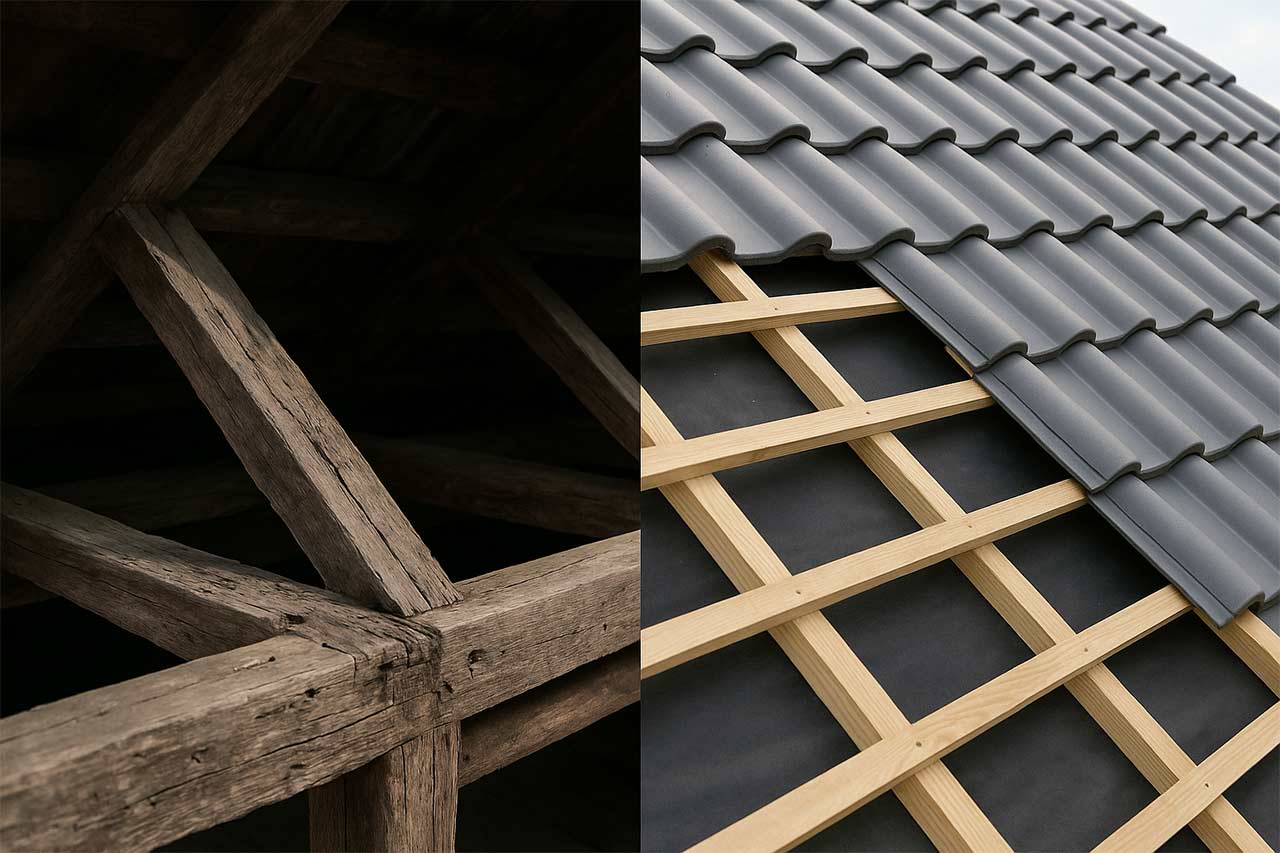 Comparatif horizontal : à gauche vieille charpente sombre, à droite charpente neuve claire avec tuiles grises