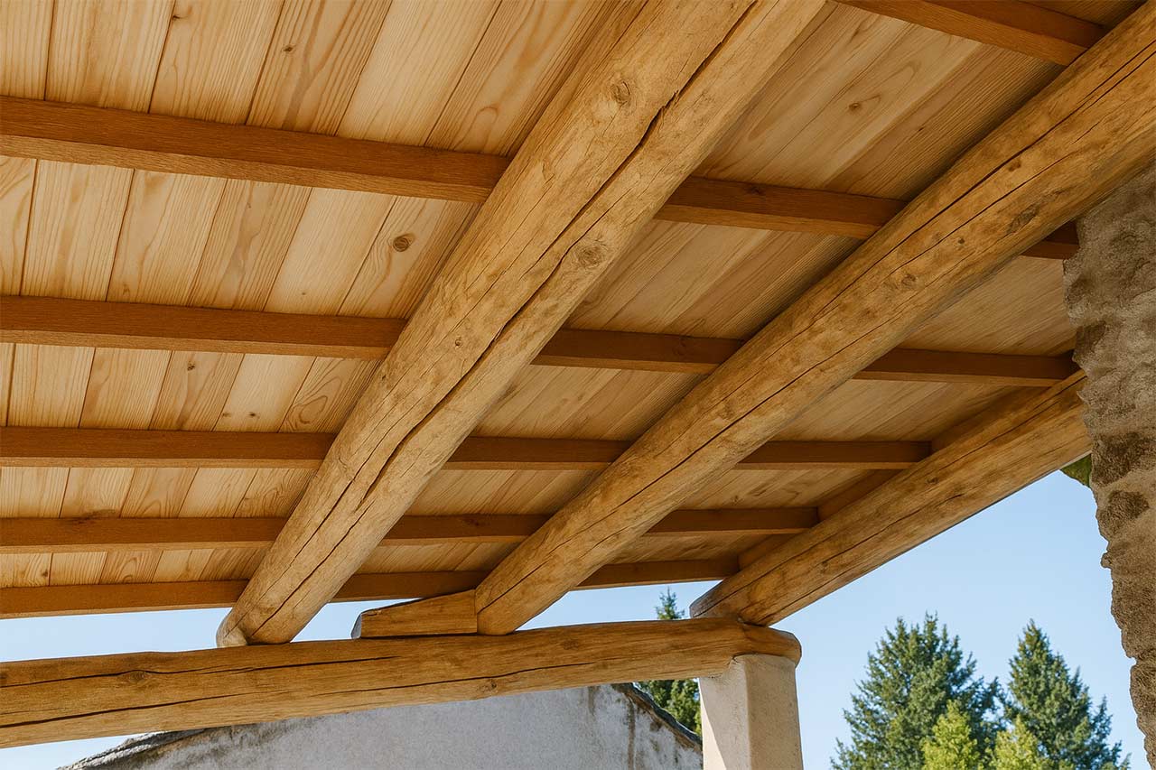 Charpente en bois avec poutres fendus et planches claires, vue en contre-plongée sous un auvent, avec un mur en pierre et des arbres en arrière-plan.