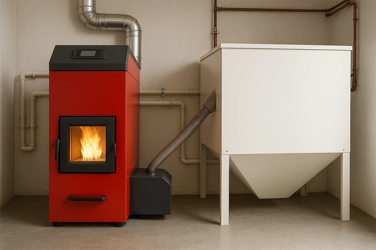 Chaudière à granulés domestique en fonctionnement dans une chaufferie propre, silo de stockage sec à côté, flamme vive visible dans le foyer vitré