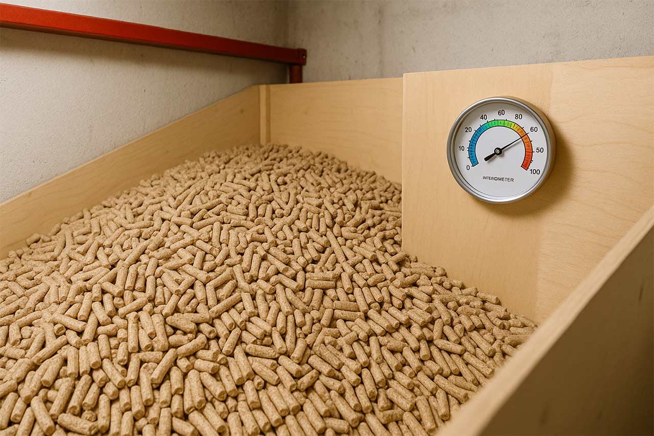 Scène colorée d’un sac de pellets stocké au sec dans un cellier lumineux, hygromètre au mur et sol propre