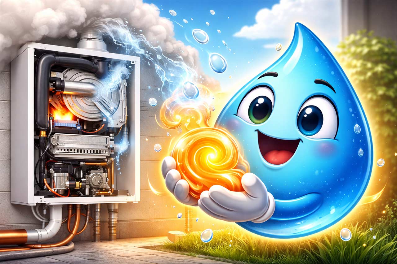 Illustration 3D colorée  : une goutte d’eau ‘condensat’ souriante récupère de la chaleur qui s’échappe d’un nuage de fumées