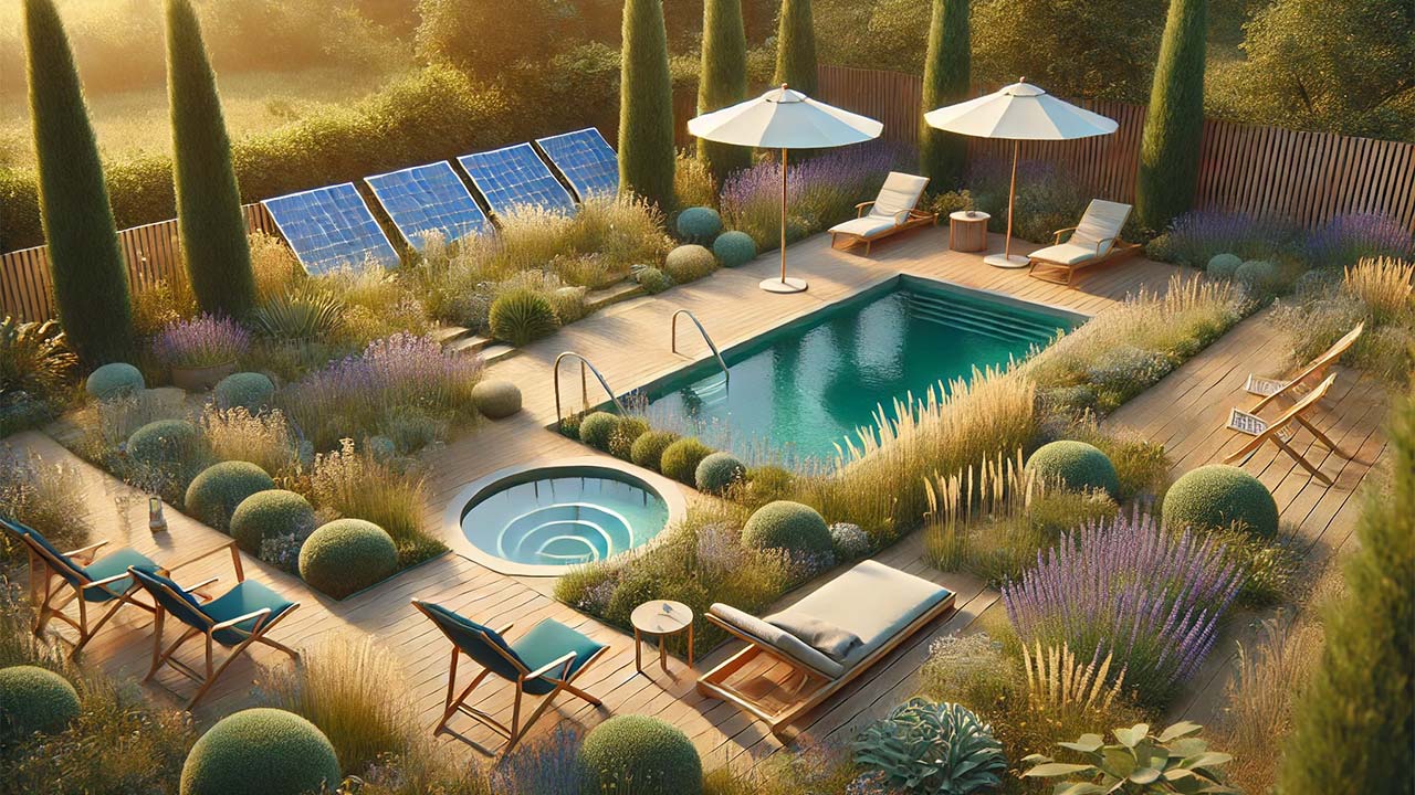 jardin avec une petite piscine hors-sol entourée d'arbustes et d'herbes. À côté, des panneaux solaires plats et un tapis solaire déployé sur une terrasse chauffent l'eau. L'atmosphère est calme avec des chaises longues et un parasol