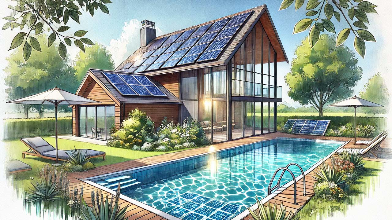  piscine extérieure entourée de panneaux solaires modernes sur un toit et sur le sol. L'eau de la piscine est claire et reflète le ciel ensoleillé. Autour, un cadre naturel avec des arbres et un jardin soigné, illustrant un environnement écologique. 