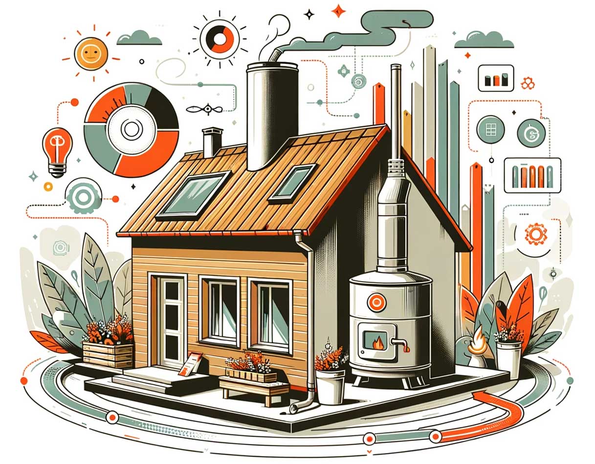 Illustration graphique originale d'une maison utilisant une chaudière à biomasse, montrant l'intégration de la technologie moderne dans un cadre domestique