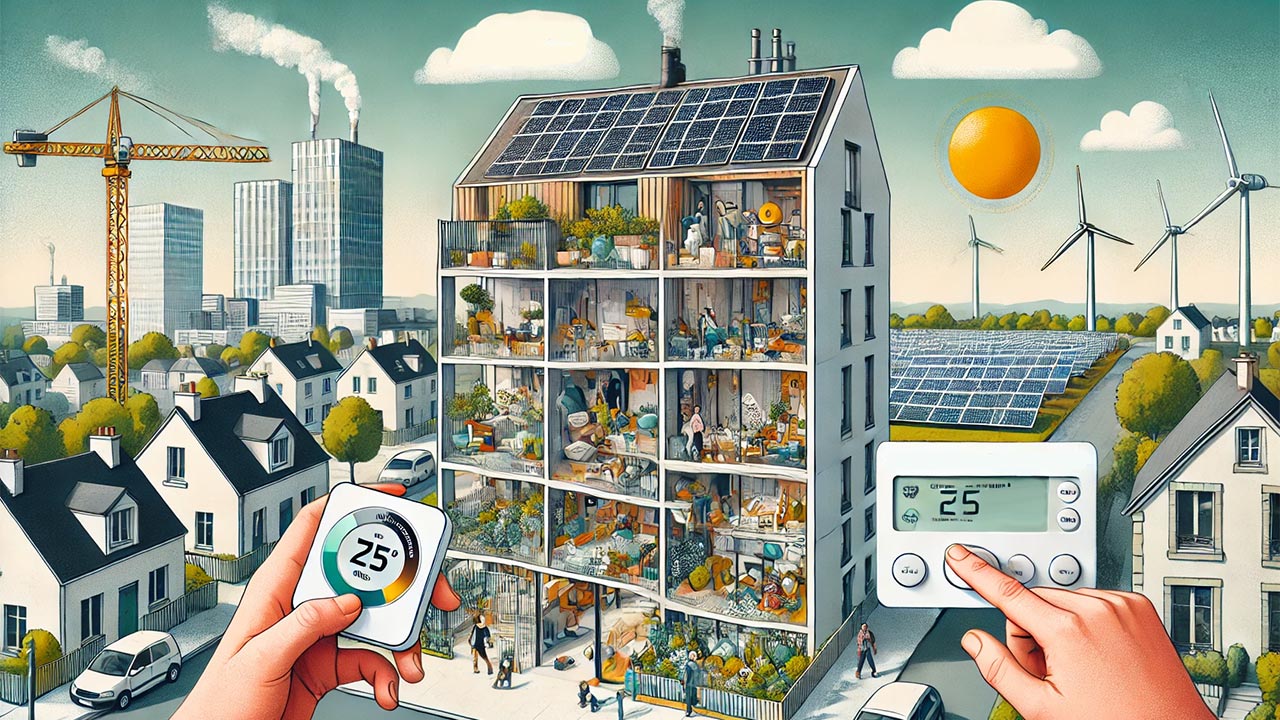 vue d’un immeuble rénové avec des systèmes d’isolation moderne, des énergies renouvelables comme des panneaux solaires et des citoyens installant des thermostats dans leurs appartements. 
