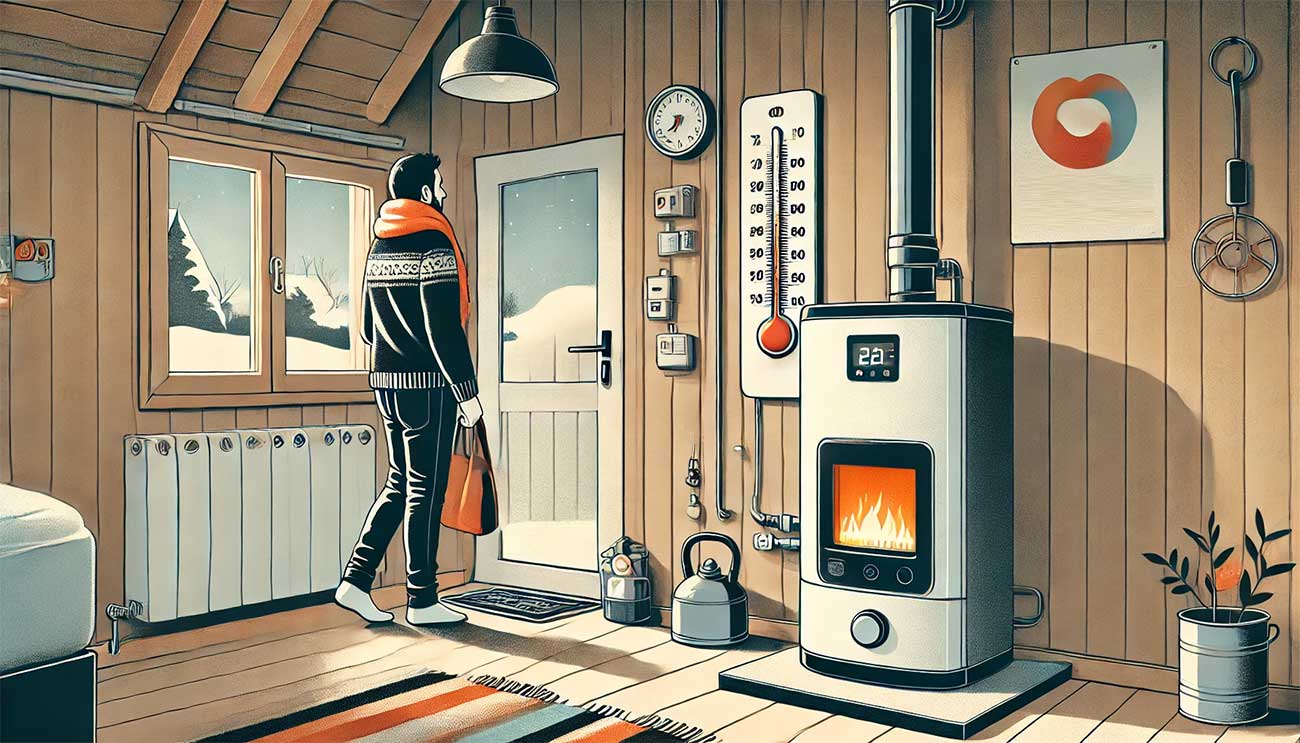 illustration graphique montrant une chaudière moderne dans une maison, avec une personne portant une écharpe et un pull ajustant le manomètre de pression d'eau sur la chaudière. À côté, un panneau électrique est visible avec un disjoncteur en position off. Un thermomètre mural indique une température basse.