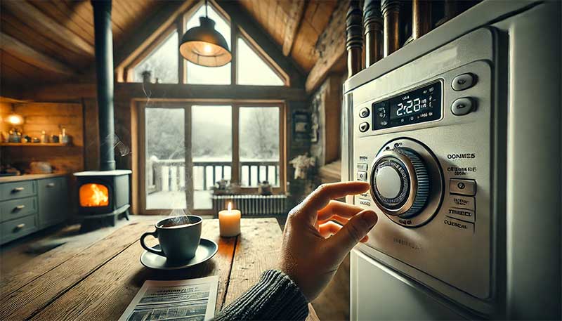 photo réaliste avec un objectif à grande ouverture montrant une scène d'entretien de chaudière. Une personne vérifie les réglages d'une chaudière moderne dans une maison. Le bouton de réinitialisation est mis en évidence, et un manuel technique ouvert est posé à côté.