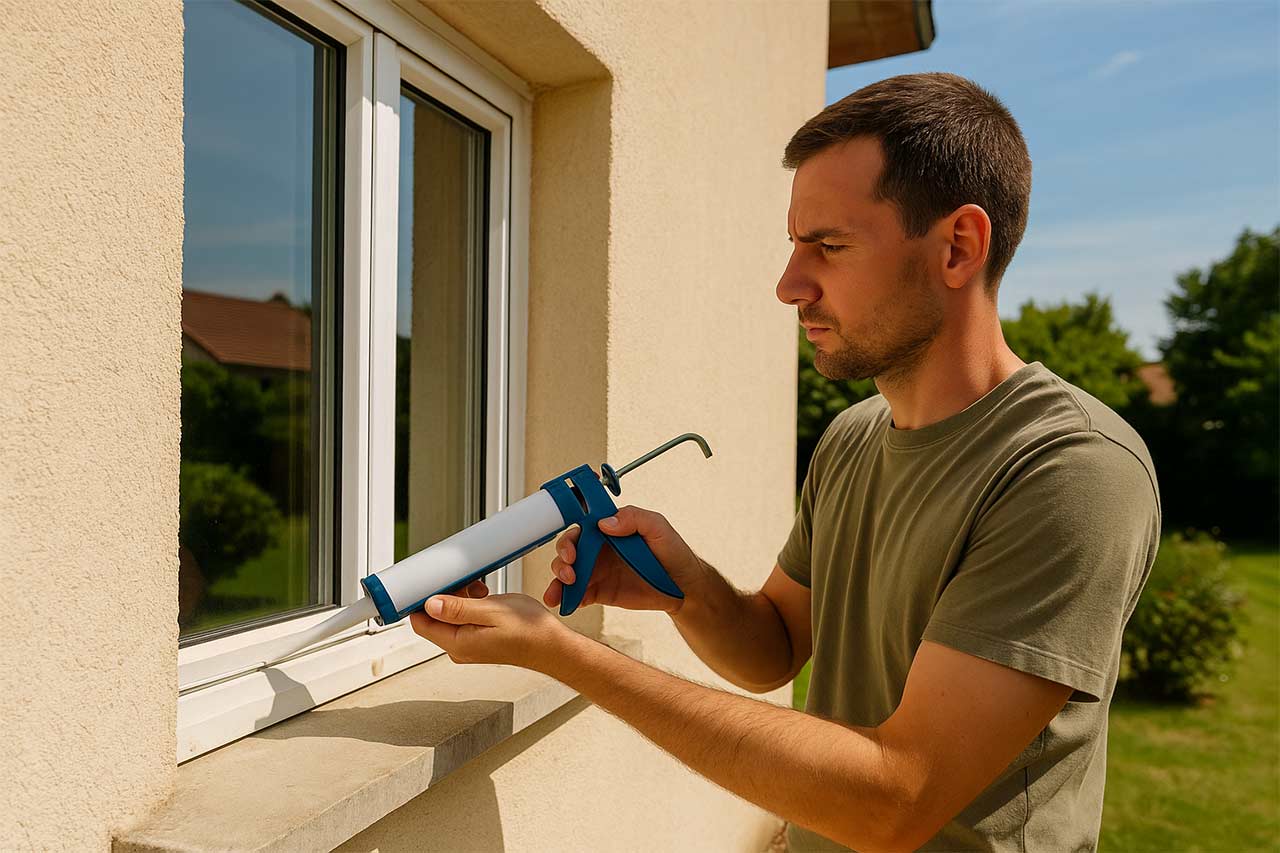 Application de silicone sur joint de fenêtre PVC, calfeutrage extérieur
