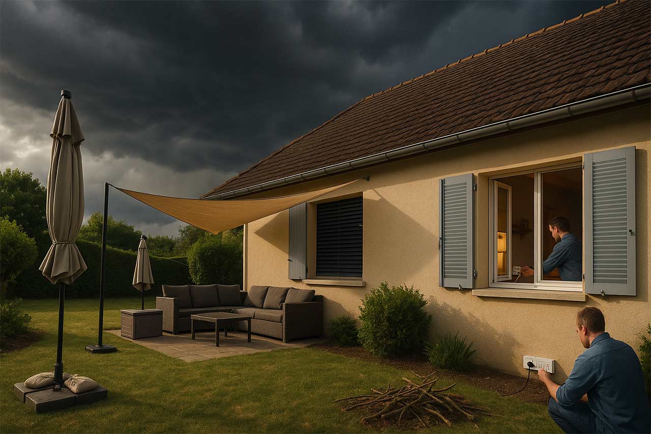 Maison pavillonnaire se préparant à l’orage : arbres élagués, parasol et voile d’ombrage lestés, objets légers rangés, habitant débranchant la box/TV à la fenêtre sous un ciel sombre.