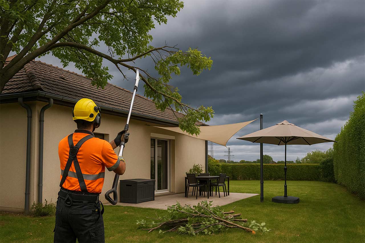 Jardin avant tempête : arboriste taillant une branche frôlant la toiture, haie éclaircie, terrasse où parasol et voile d’ombrage sont correctement lestés.