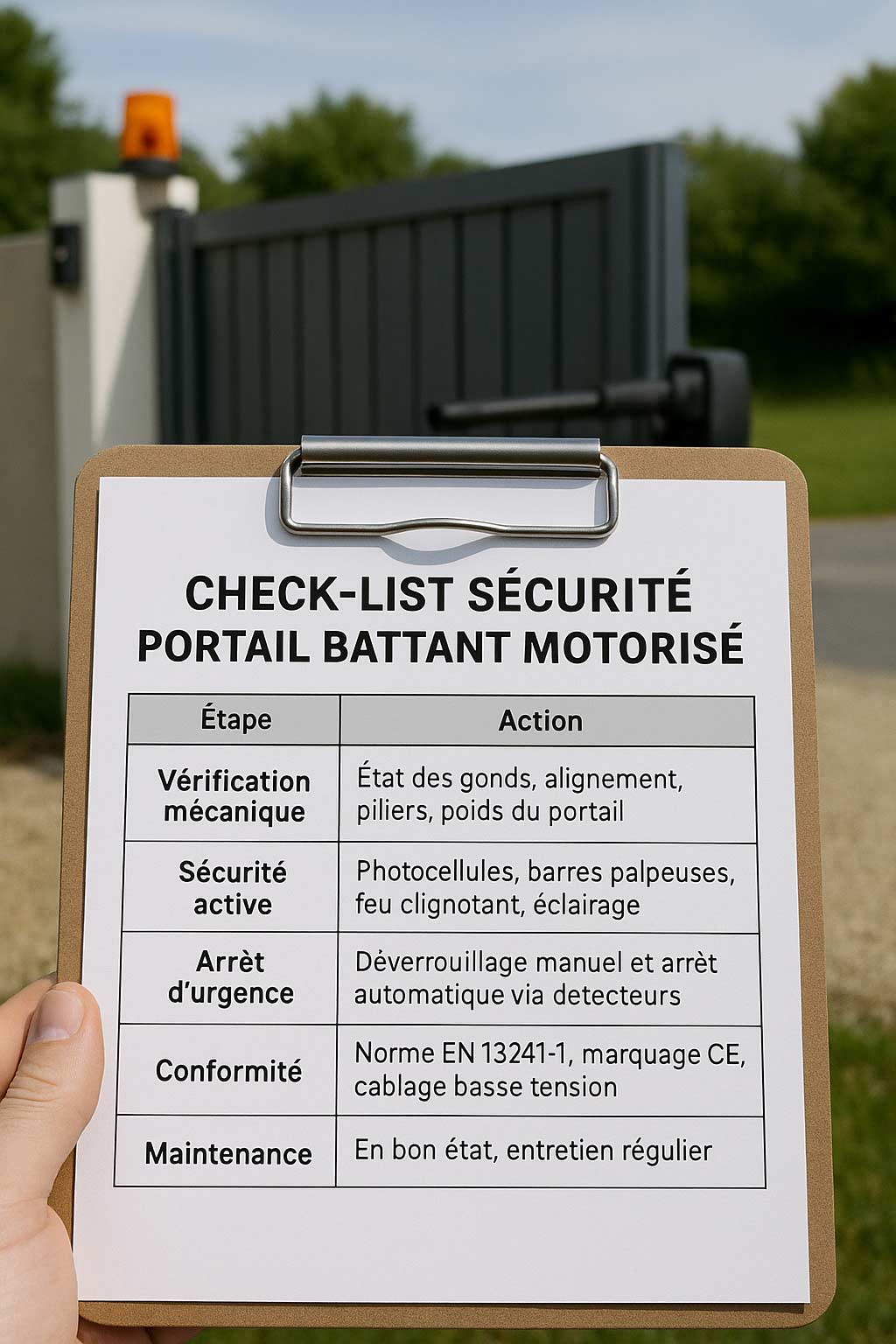 Checklist de sécurité tenue devant un portail battant motorisé gris, avec feu clignotant orange et bras motorisé en arrière-plan
