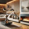 salon moderne avec une cheminée au bioéthanol, créant une atmosphère chaleureuse et accueillante. La cheminée est élégante et stylée et produit une belle flamme.