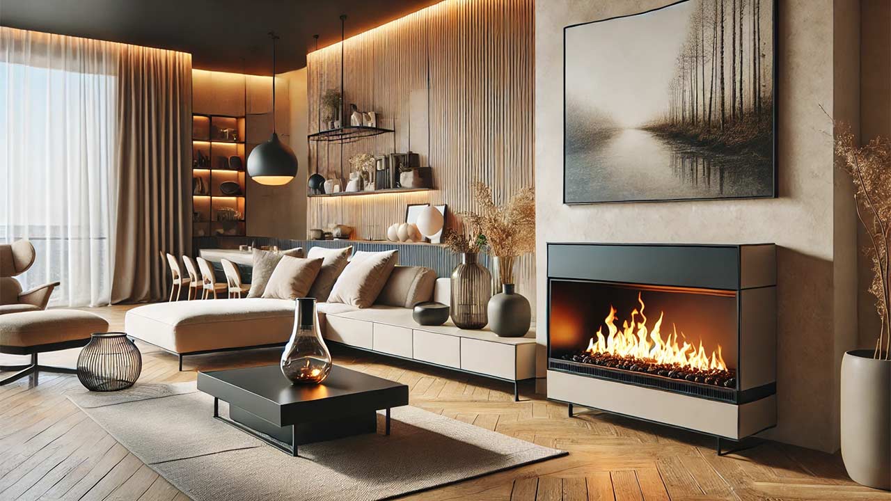 salon moderne avec une cheminée au bioéthanol, créant une atmosphère chaleureuse et accueillante. La cheminée est élégante et stylée et produit une belle flamme.