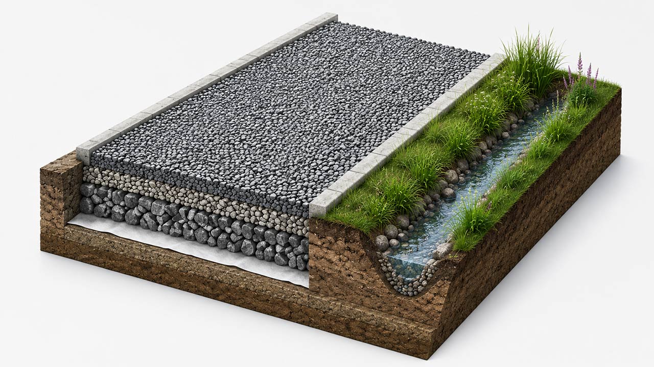 Coupe isométrique des couches d’un chemin carrossable avec géotextile et noue drainante