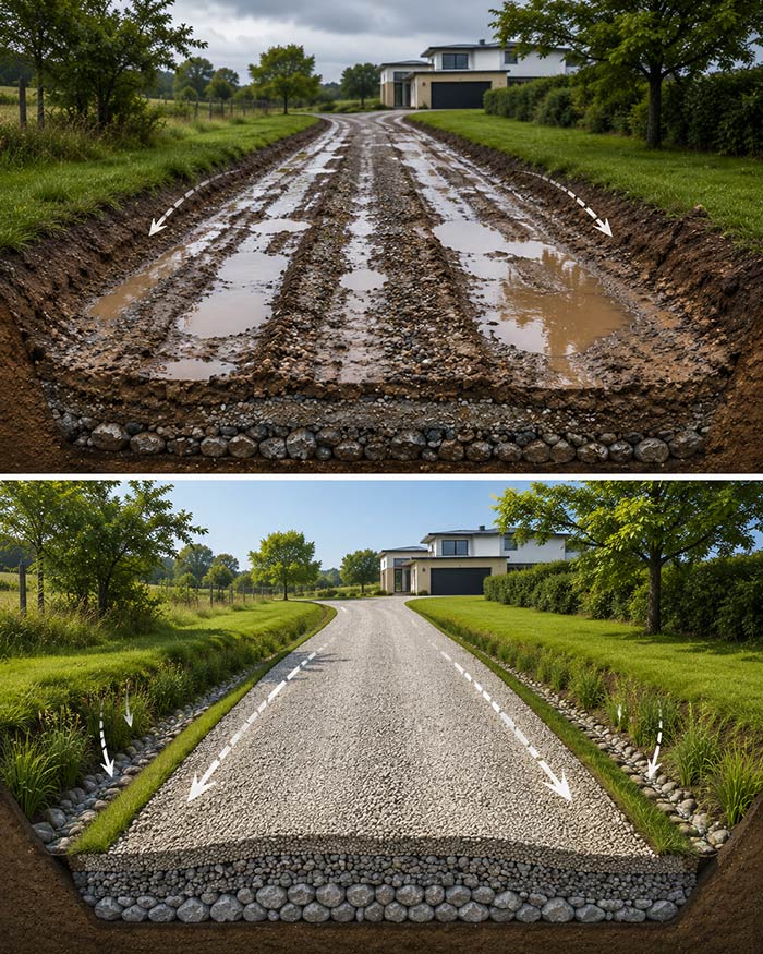 Comparaison entre un chemin boueux avec flaques et un chemin bombé correctement drainé