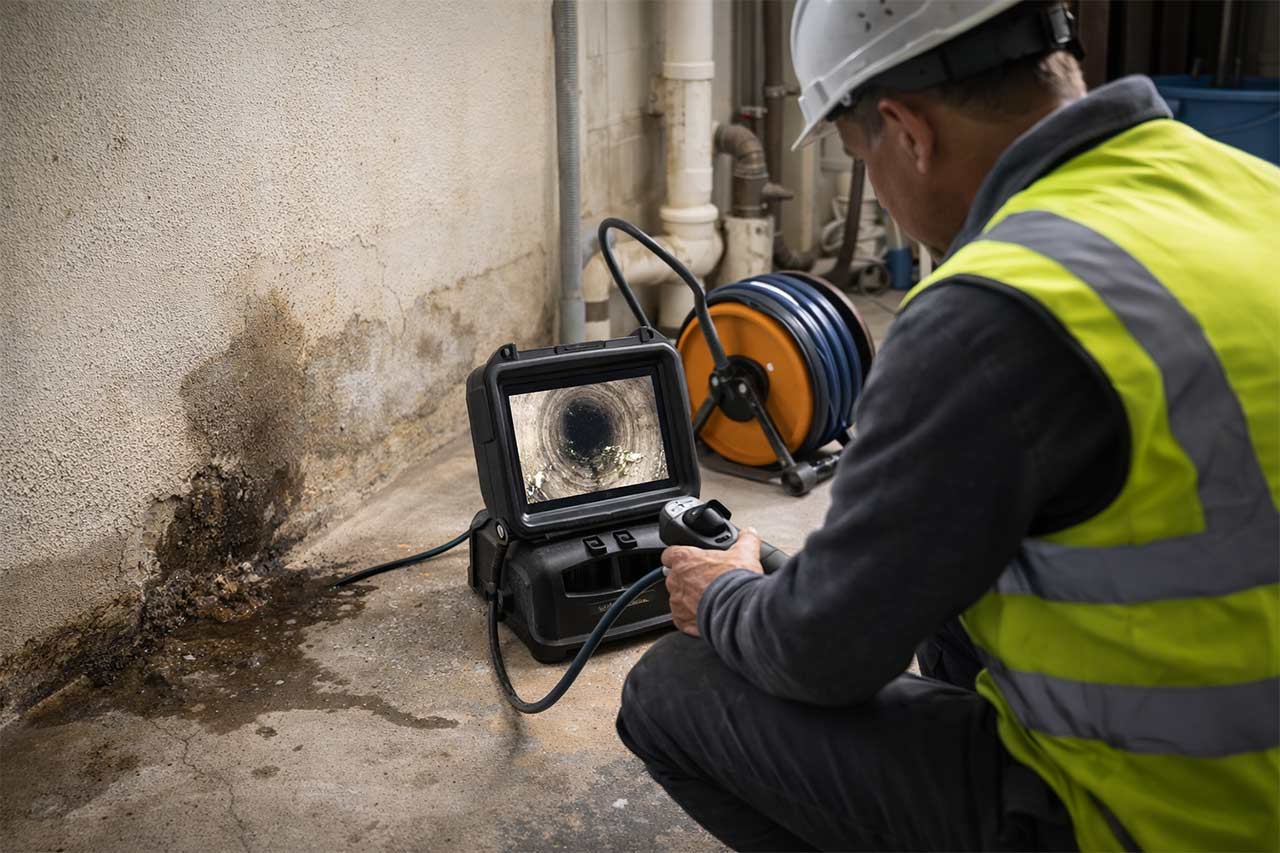 Plombier réalisant une inspection vidéo d’une canalisation sur un écran portable, avec traces d’humidité au sol et sur le mur.