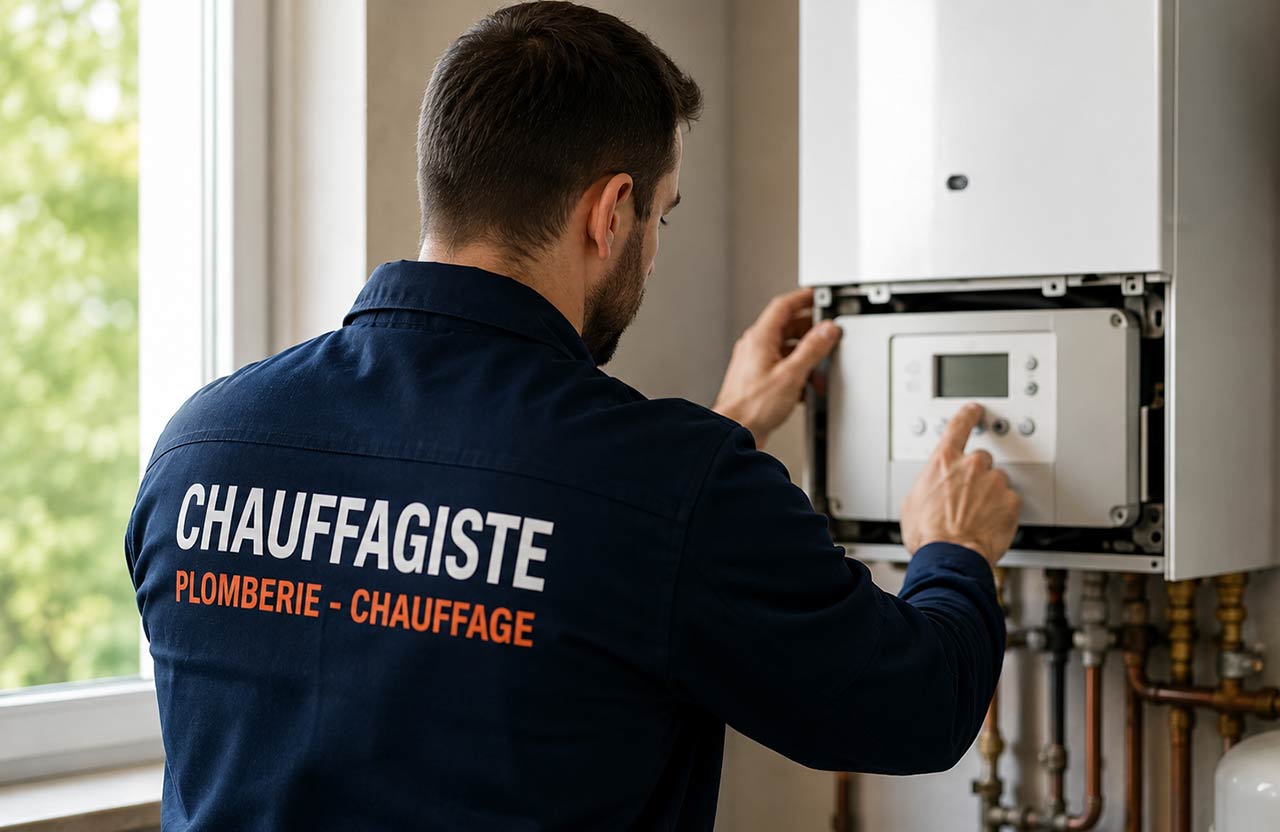 Chauffagiste diagnostiquant une chaudière murale dans une buanderie lumineuse