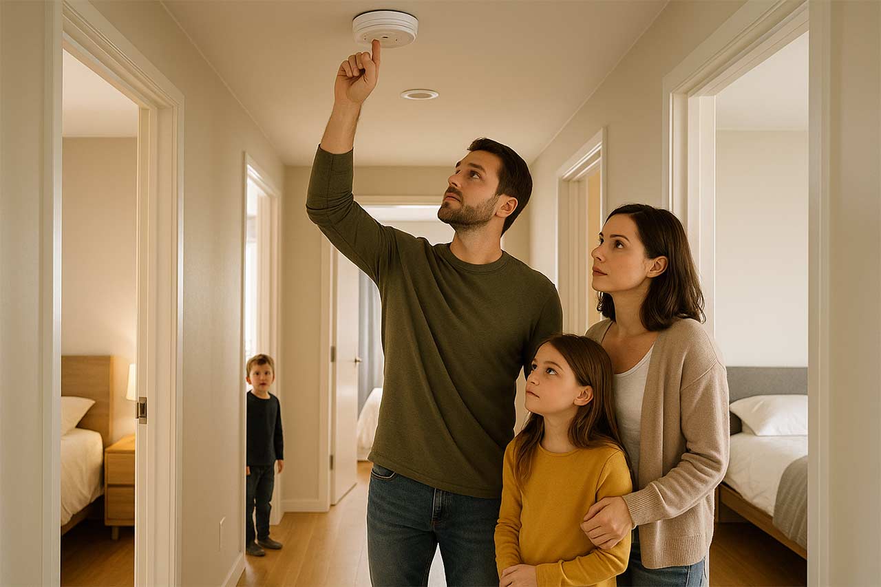 Intérieur d’appartement moderne au format paysage, couloir lumineux avec détecteur de fumée au plafond, portes de chambres entrouvertes, petite famille en train de vérifier les détecteurs