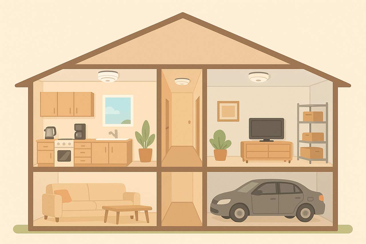 Vue en coupe au format paysage de plusieurs pièces d’une maison (cuisine, salon, couloir, garage), chaque pièce avec un type de détecteur discret au plafond