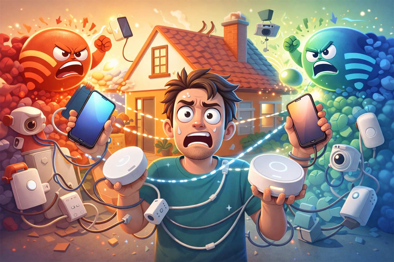 Illustration humoristique d’une personne submergée par plusieurs hubs et smartphones avec des câbles emmêlés devant une maison, symbolisant la confusion des standards