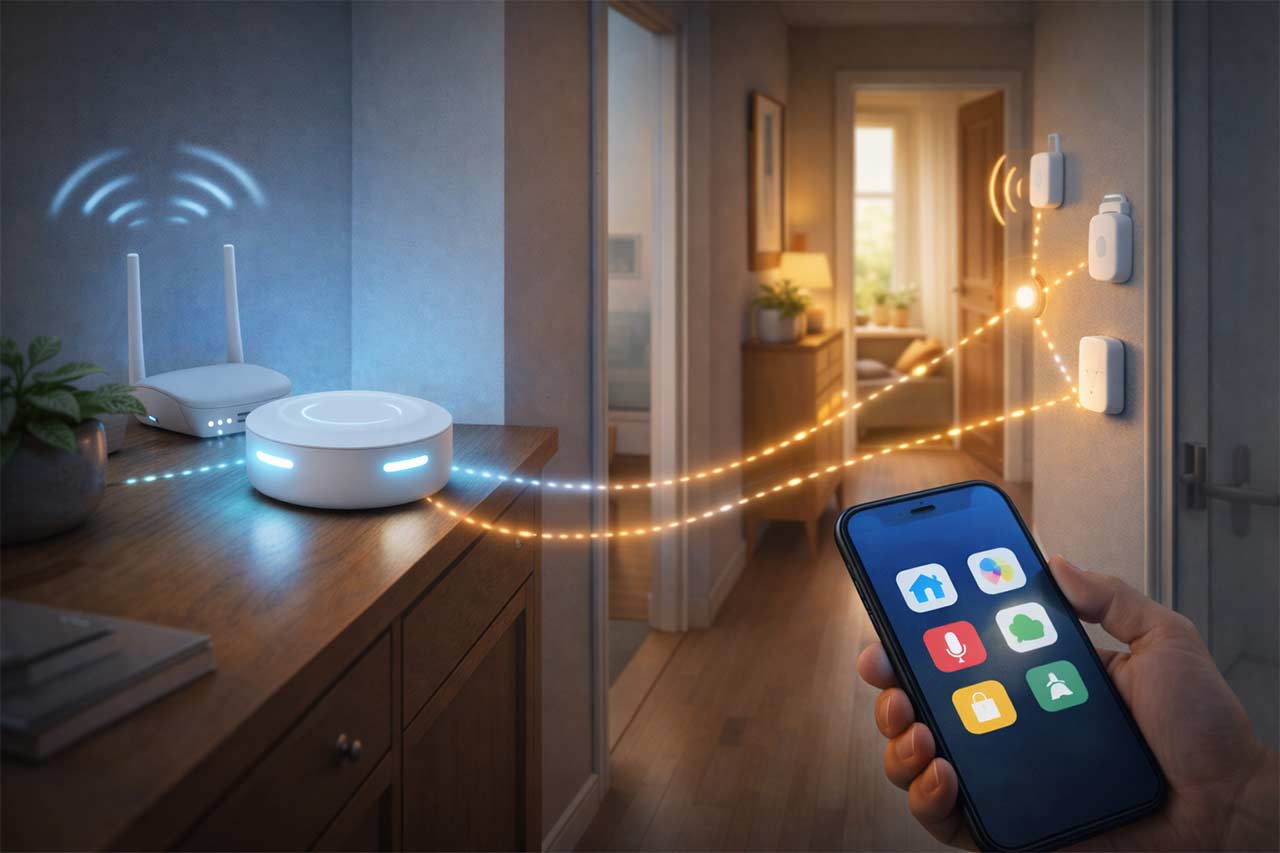 Couloir d’une maison avec un routeur et un boîtier de type border router reliant un réseau maillé basse consommation à la box, liaisons lumineuses vers des capteurs