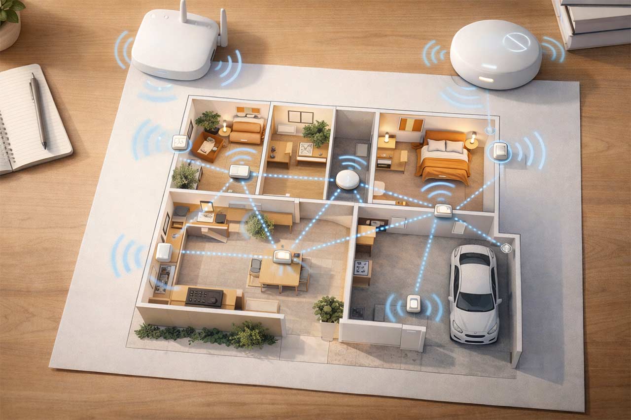 Plan de maison posé sur une table montrant un réseau maillé reliant capteurs et pièces à un hub domotique et un routeur