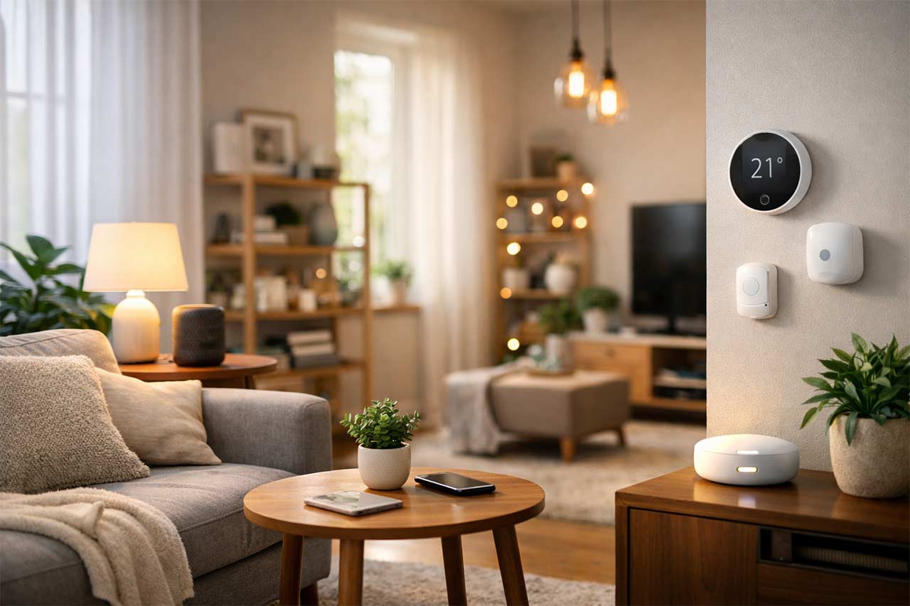 Salon moderne baigné de lumière avec plusieurs objets domotiques visibles (thermostat, capteurs, enceinte et éclairage)