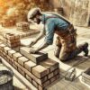Illustration représentant un maçon professionnel au travail dans un style réaliste et dynamique. La scène montre le maçon posant des briques de manière experte, concentré sur la construction d'une structure durable et esthétique, un mur
