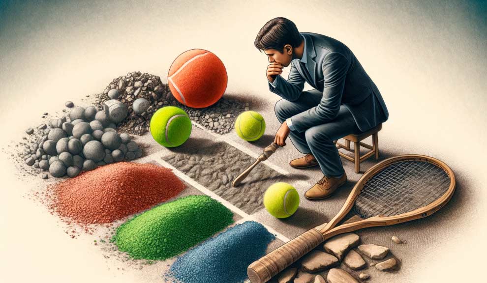 personne en pleine réflexion, entourée de différents matériaux de revêtement pour court de tennis comme le gazon, la terre battue, et le béton poreux. Cette personne examine attentivement les échantillons, pesant le pour et le contre de chaque option pour son projet de construction de court de tennis.