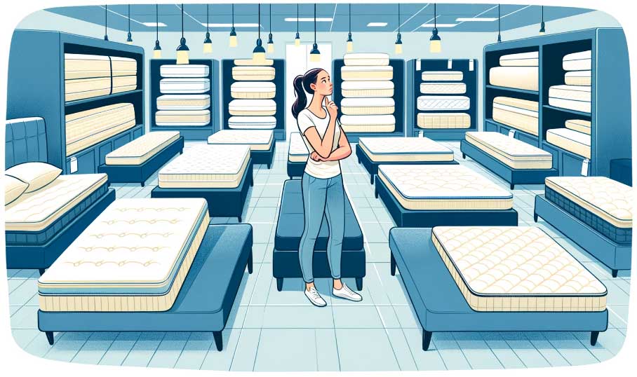 illustration d'une jeune femme testant différents types de matelas dans un magasin, montrant sa réflexion et son hésitation entre les options disponibles.