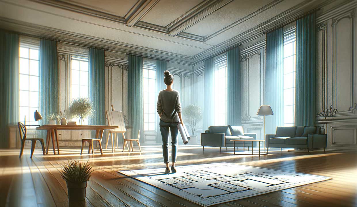 femme au milieu d'un grand salon vide, regardant pensivement autour d'elle, envisageant les possibilités de meubles et de décoration