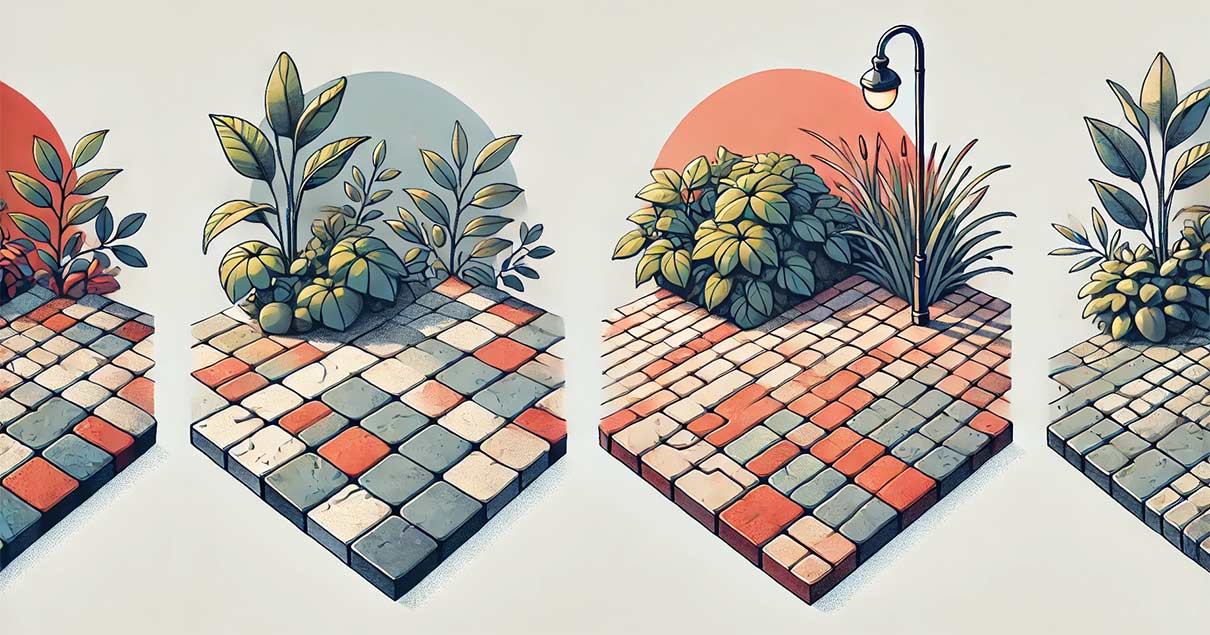 Illustration vectorielle avec des couleurs vibrantes sur fond blanc. Deux sections distinctes montrent des espaces extérieurs pavés. L'une présente des pavés haut de gamme en pierre naturelle, minutieusement disposés, mettant en avant la durabilité et l'élégance. L'autre section illustre des pavés économiques, plus simples mais stylisés, offrant une esthétique accessible. 