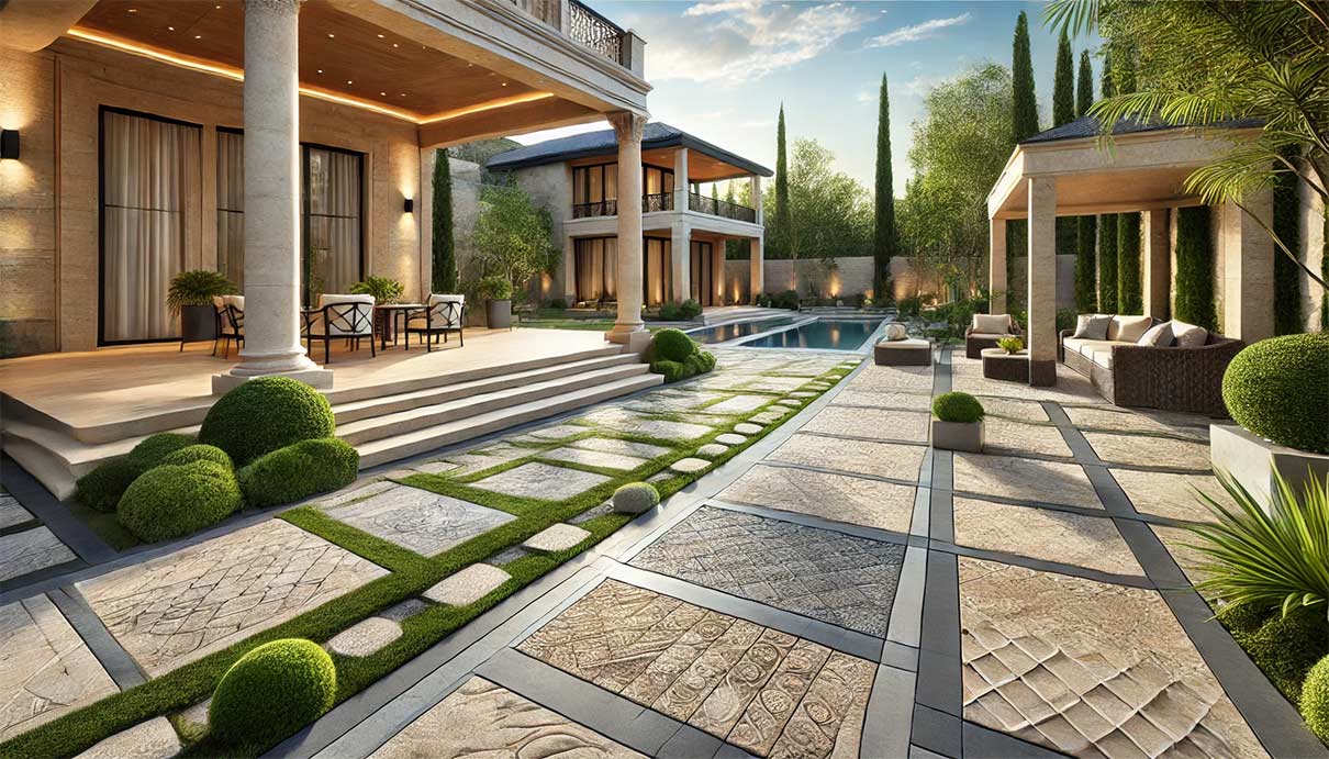 Un espace extérieur luxueux joliment pavé avec des matériaux haut de gamme et intemporels. Les pavés sont en pierre naturelle et témoignent d'un haut niveau de savoir-faire, chaque pierre ayant une texture et une couleur uniques. L'espace respire l'élégance et le raffinement, rehaussé par une verdure bien entretenue et une atmosphère accueillante. À l'opposé, une autre partie de l'image montre un espace plus modeste mais élégant, pavé de matériaux bon marché. Bien que plus simple, l'espace reste charmant, avec une variété de tailles et de textures qui apportent une touche harmonieuse et personnelle à l'aménagement extérieur.