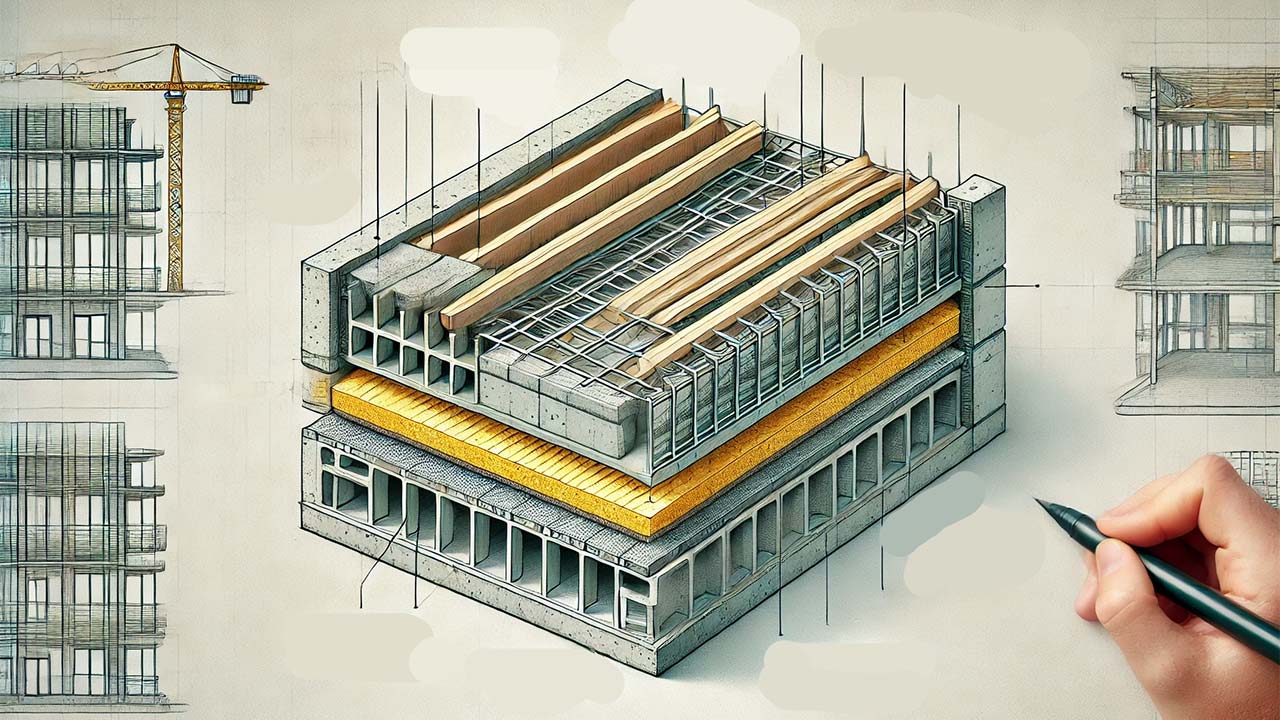 illustration montrant une coupe détaillée d’un plancher en béton armé avec son ferraillage interne. L’image met en évidence les différentes couches : dalle de béton, ferraillage structurant, isolant thermique et revêtement de surface.