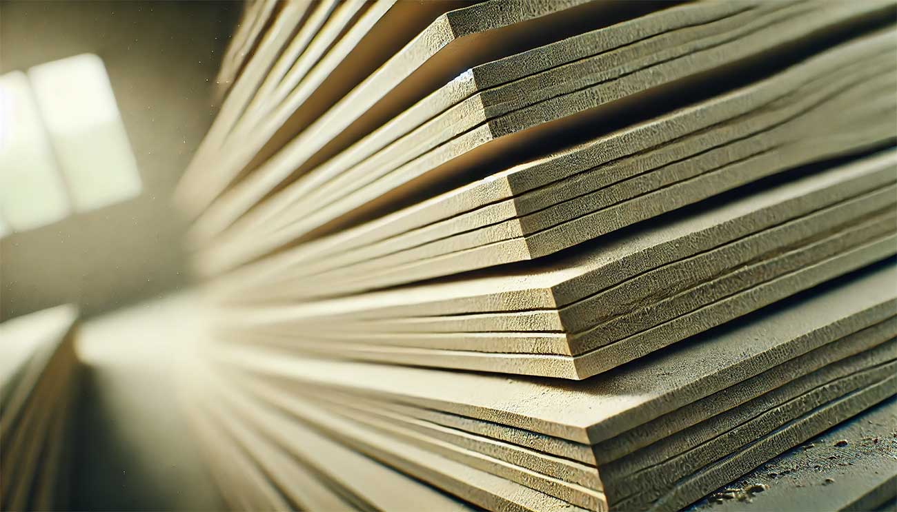 Image détaillée en gros plan de plaques de plâtre empilées, mettant l'accent sur les bords et les couches. La perspective met en évidence la texture et les surfaces lisses des plaques, les teintes beige et verte dominant la palette de couleurs.