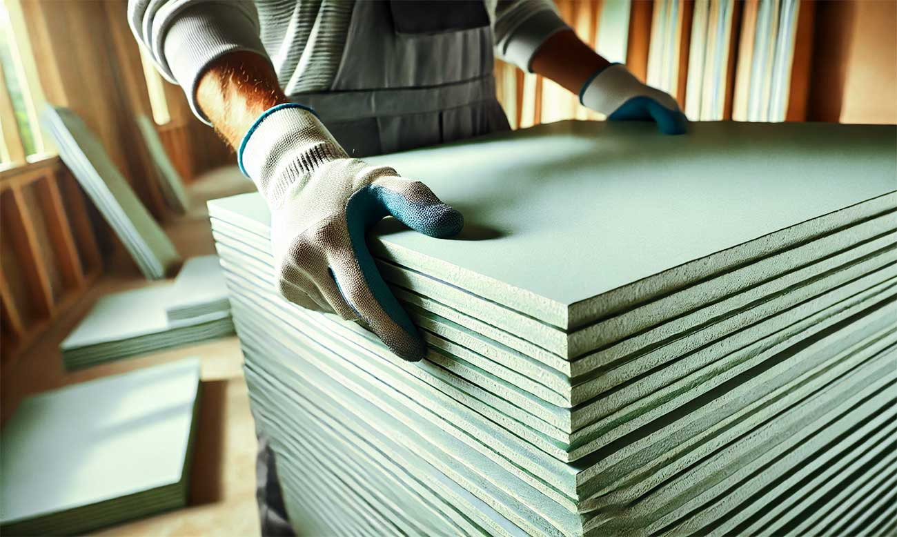 Image détaillée d'un artisanmanipulant une pile de grandes plaques de plâtre vertes, en se concentrant sur ses mains gantées tenant soigneusement l'une des plaques.
