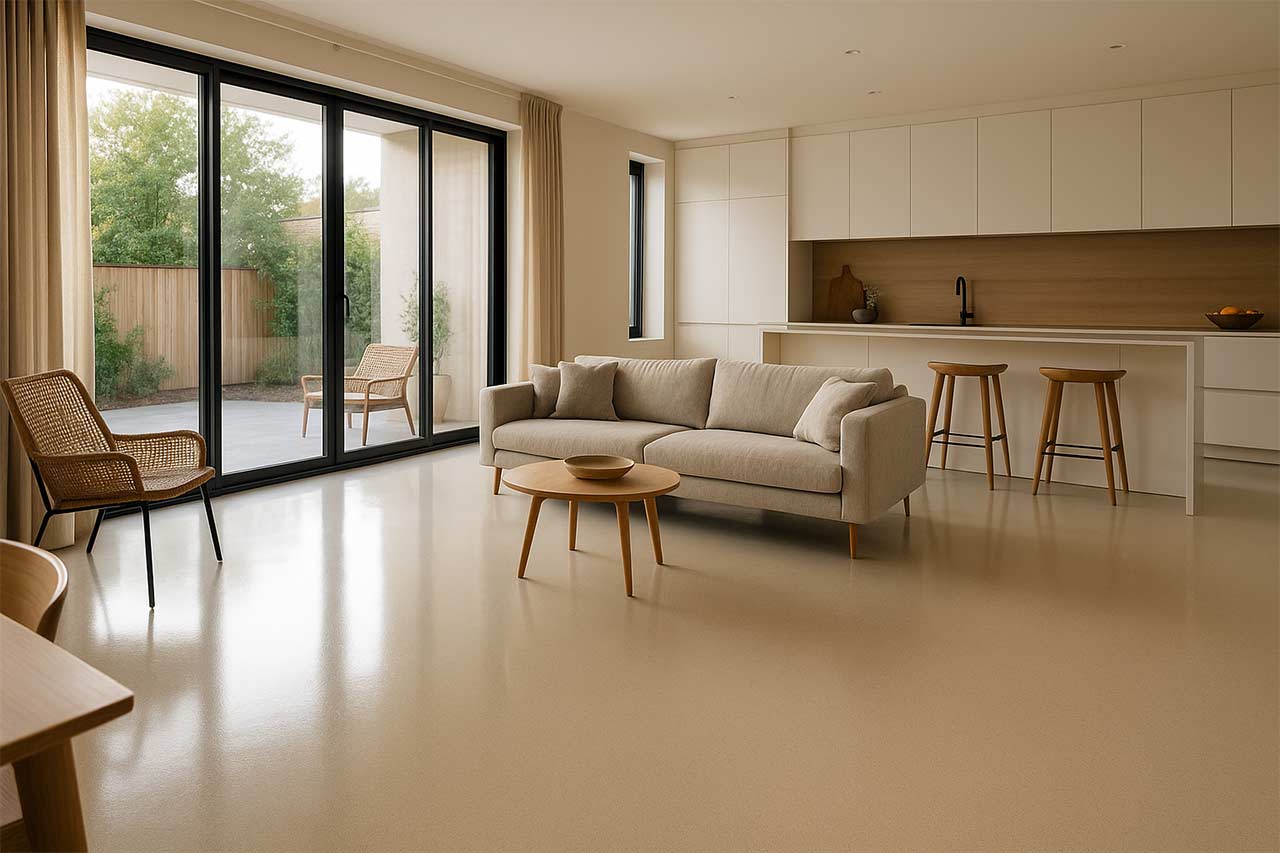 ntérieur contemporain avec sol en résine époxy lisse, salon-cuisine lumineux style loft, grandes baies vitrées, reflets doux, meubles minimalistes