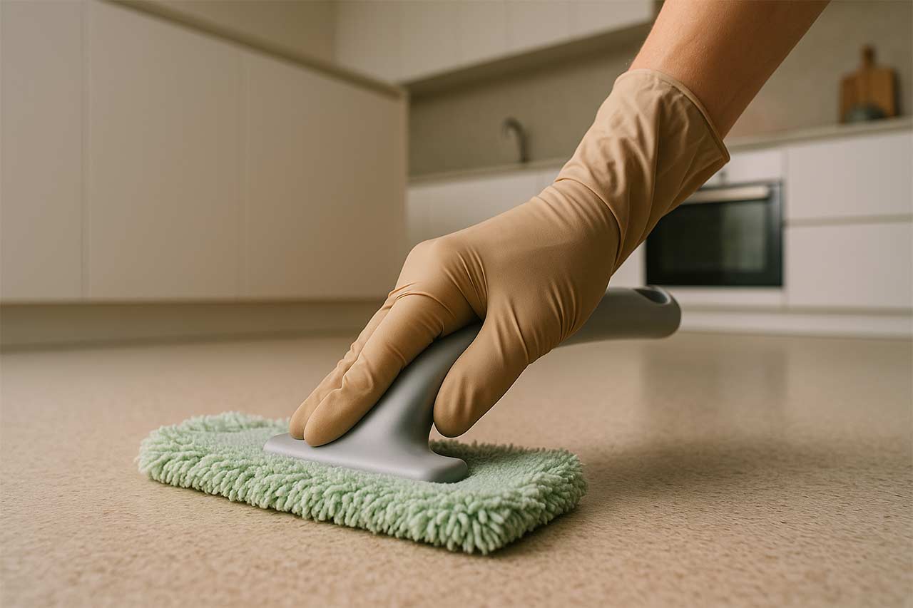 Main en gros plan nettoyant un sol en résine avec serpillière microfibre dans une cuisine moderne, détail de texture légèrement mouchetée antidérapante