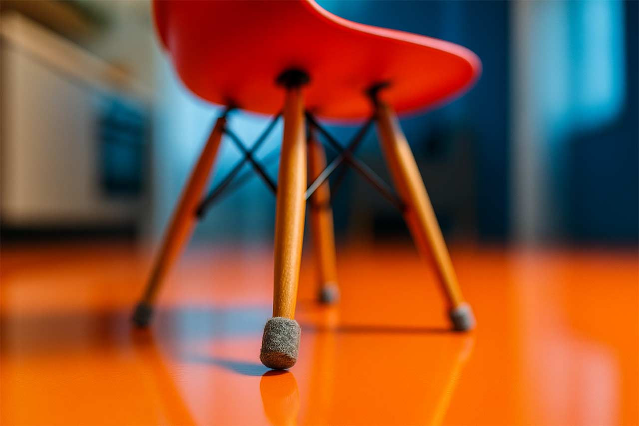 Chaise avec patins feutres glissant sans rayer sur un sol en résine vu en contre-plongée, couleurs vives et contrastées