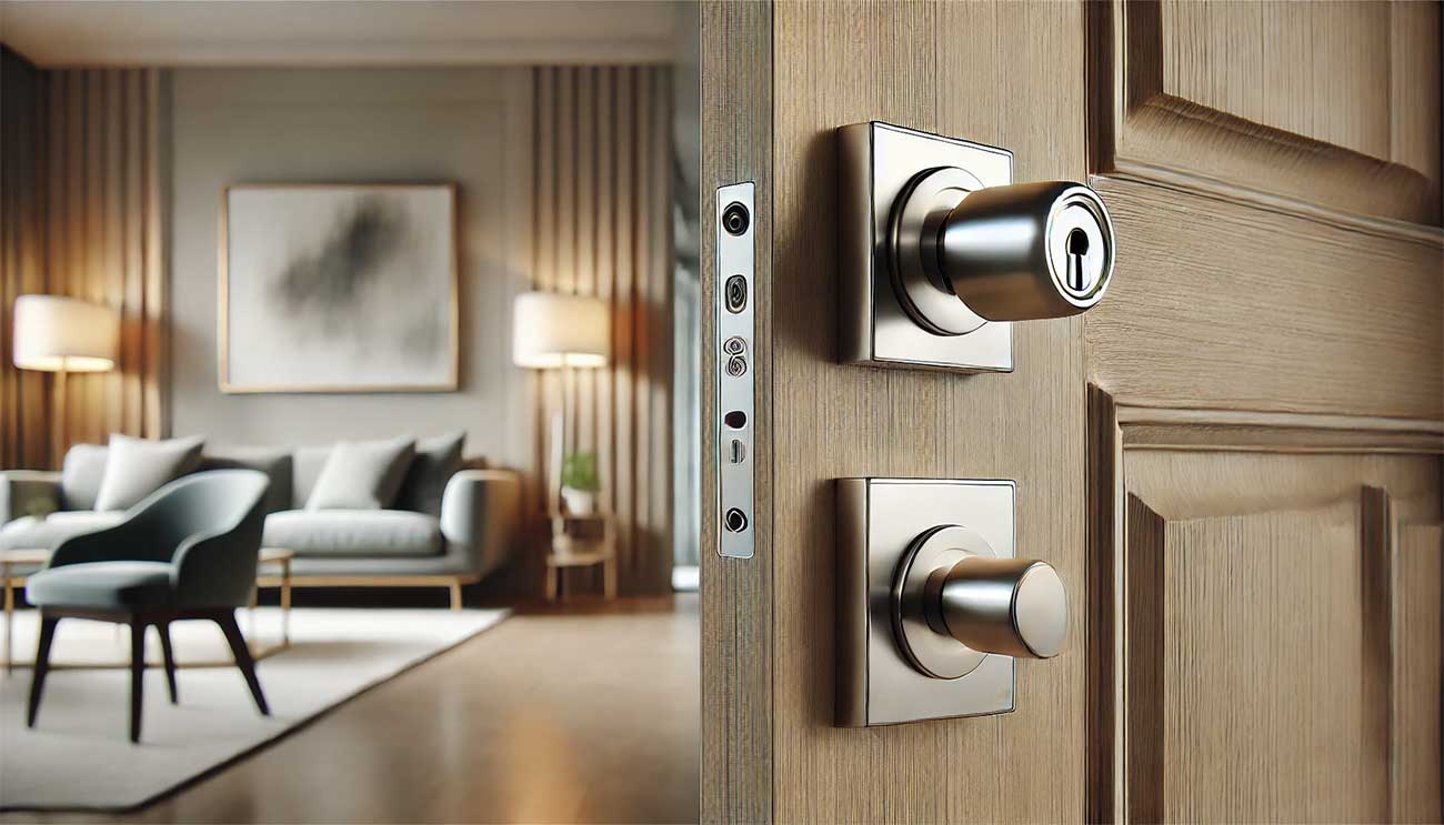 serrure carénée élégante installée sur une porte moderne dans un intérieur contemporain. La serrure est mise en valeur par son design raffiné et sa robustesse, dans un environnement lumineux et stylé.